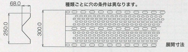 有孔折板(ゆうこうせっぱん)の曲加工断面とパネル展開イメージヅ図