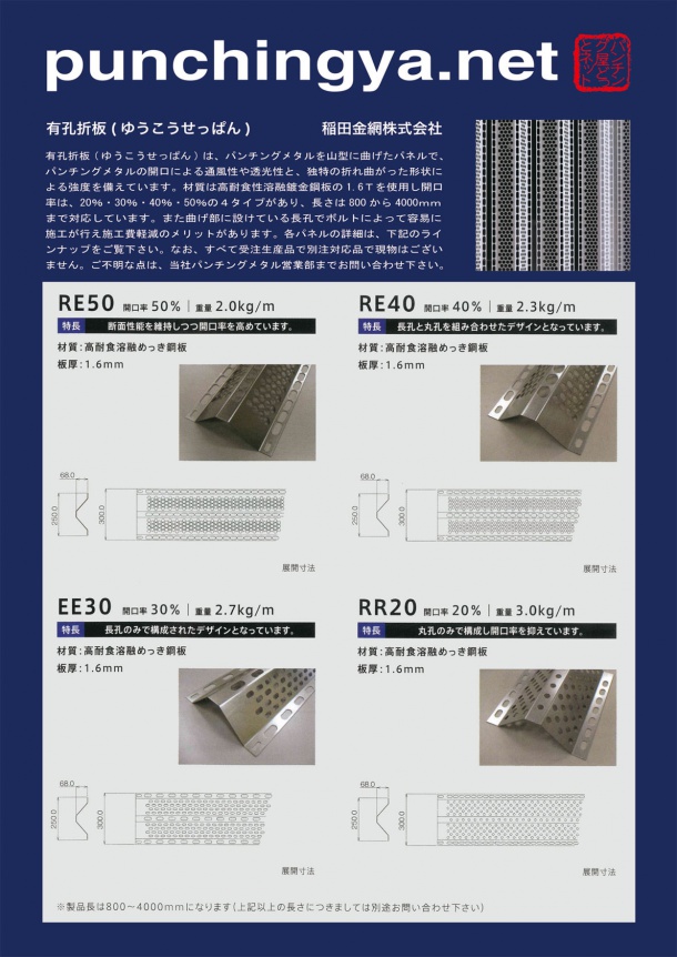 有孔折板(ゆうこうせっぱん)カタログ1　ＲＥ50 RE40 EE30 RR20各製品画像と詳細